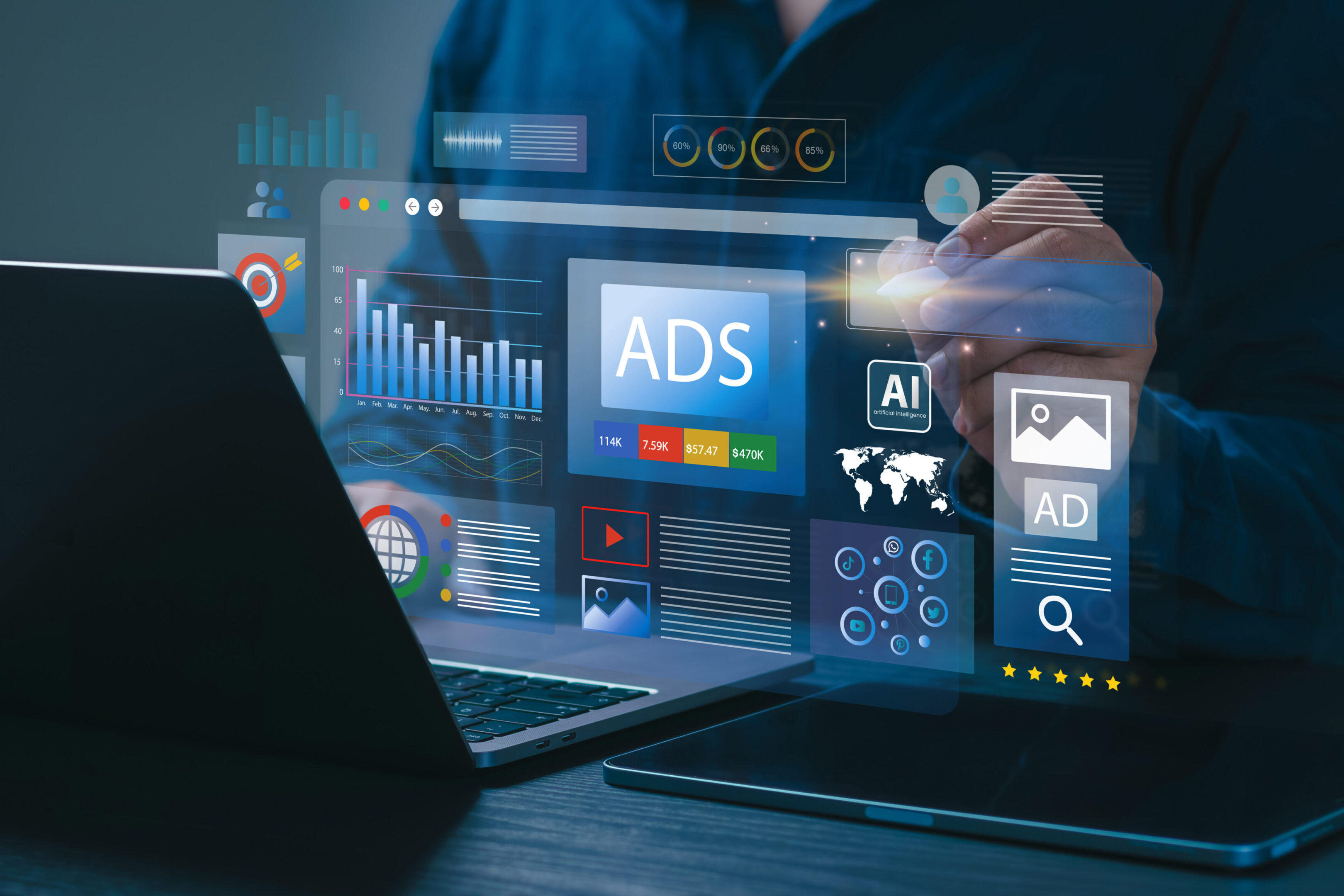 Digital marketing concepts with AI and data analytics visuals on a computer screen.
