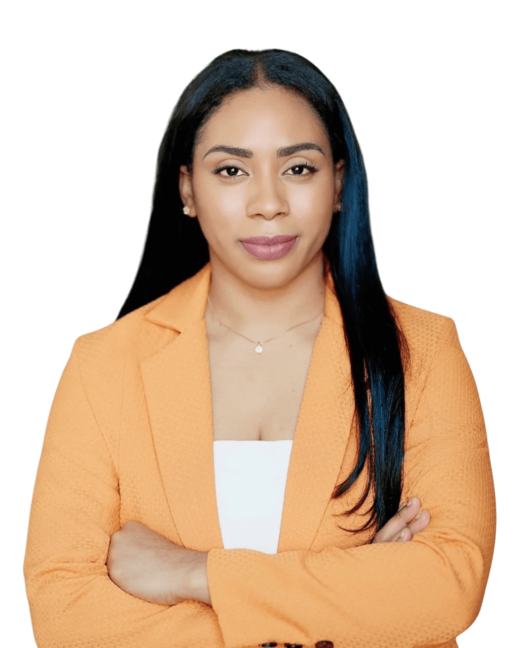 Confident woman in an orange blazer with arms crossed.